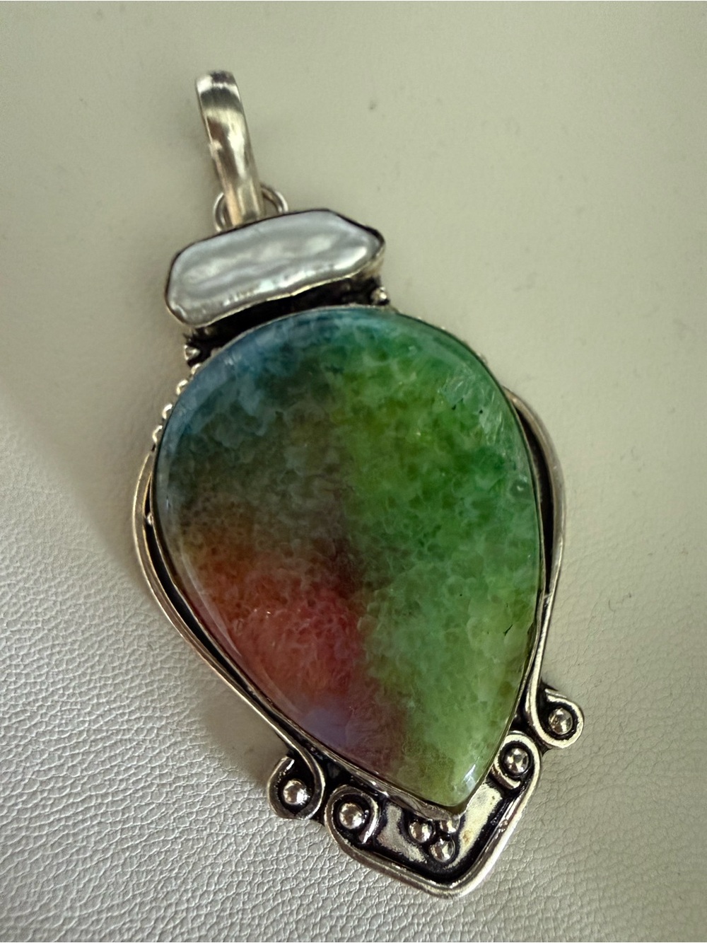 Solar quartz and pearl pear shaped pendant on 925 silver